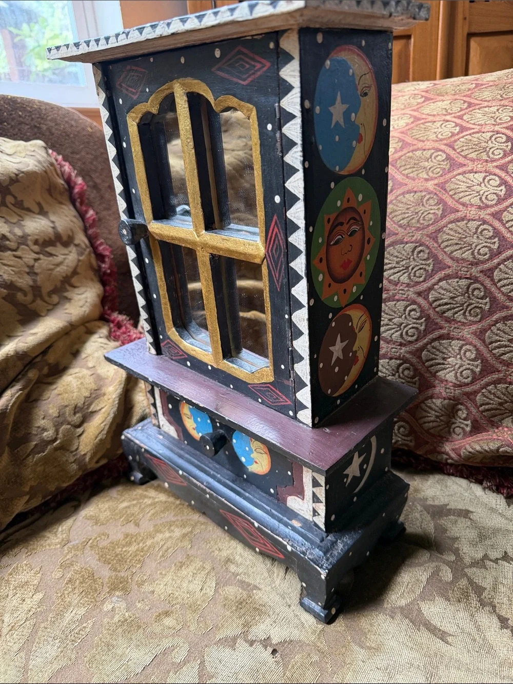 Hand-Painted Bohemian Vintage Wooden Jewelry Cabinet with Sun & Moon